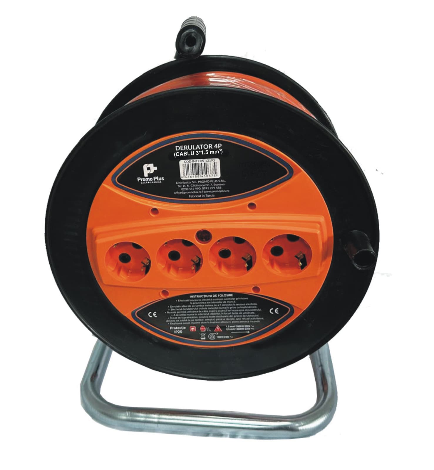 Derulator cu 4 prize / cablu 3x1,5 / IP 20 / 20m